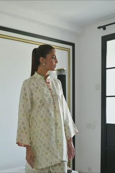 Safya – Sania Maskatiya International Spring Pant Set With Straight Kurta And Printed Motifs, Spring Pant Set With Printed Motifs And Straight Kurta, Spring Long Sleeve Pant Set With Printed Motifs, Designer Cream Sets With Printed Motifs, Cotton Silk Straight Kurta Set For Spring, Spring Cotton Silk Kurta With Printed Motifs, Designer Cream Kurta With Printed Motifs, Anarkali Sets With Printed Motifs In Cream, Yellow Cotton Silk Sets With Printed Motifs