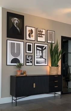 a living room with pictures on the wall and a potted plant in front of it