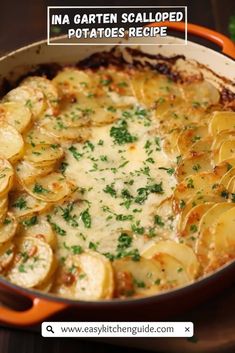 a casserole dish with potatoes and parmesan cheese is shown in an orange pan