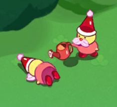 two cartoon characters wearing santa hats and holding teapots in their hands while walking through the grass