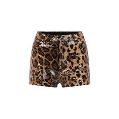 Leopard print mini shorts made of stretchy sequin fabric. It is lined. Style Tip: Wear it with Aurora shirt Dry Clean Only Sequin Shorts For Summer Nights Out, Stretch Sequin Shorts, Summer Party Leopard Print Bottoms, Fitted Sequin Shorts For Night Out, Stretch Sequined Short Bottoms, Stretch Sequin Short Bottoms, Short Stretch Sequined Bottoms, Glamorous Stretch Shorts For Summer, Sequin Shorts For Night Out