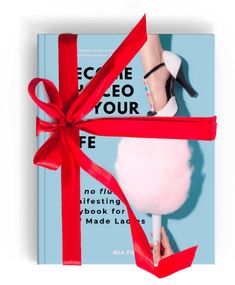 a book with a red ribbon tied around it and a pair of high heeled shoes