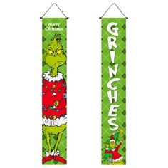 two green christmas banners with the grin on them