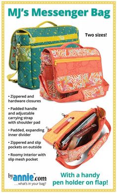 an advertisement for the messenger bag with two zippers on each side and one shoulder strap