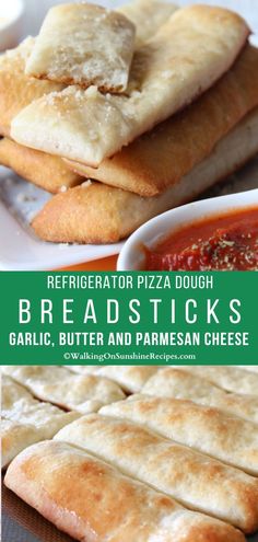 breadsticks with butter and parmesan cheese are on a plate next to a bowl of tomato sauce