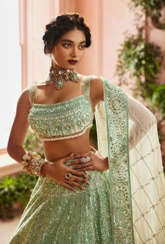 Heavy Lehenga, Silver Highlights, Designer Bridal Lehenga, Green Lehenga, Blue Lehenga, Blouse Designs Indian, Desi Clothes, Traditional Indian Outfits