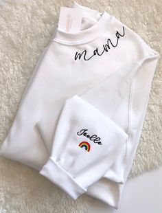 Mama Sweatshirt / Embroidered Mama Sweatshirt / Rainbow Baby | Etsy White Cotton Sweatshirt With Custom Embroidery, White Sweatshirt With Custom Embroidery, Relaxed Fit, White Sweatshirt With Custom Embroidery In Relaxed Fit, White Cotton Sweatshirt With Embroidered Text, White Winter Top With Embroidered Text, White Embroidered Text Top For Winter, White Embroidered Winter Tops, White Embroidered Basic Top, Winter White Embroidered Tops