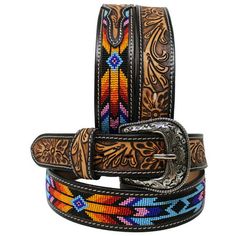 Adult Unisex Men's Women Full-grain heavy duty 1-1/2" wide leather belt with removable belt buckle. Accented with a hand tooled finish and beaded inlay. Beautiful Bead hand work. Buckles can be easily replaceable. We recommend to go 2" up from your waist size for a comfortable fit. Size: 31-32 inches.  Color: silver.  Pattern: floral. Belt Without Buckle, Tooled Leather Belts, Kids Belt, Rodeo Fashion, Wide Leather Belt, Western Belt, Beautiful Belts, Branded Belts, Beaded Belt