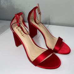 Size:11 Color:Red Material:Satin Great Condition, Never Worn Quince Heels Red, Red Heels Prom, Quinceanera Shoes, Small Heel Shoes, Hoco Inspo, Bride Heels, Formal Ideas, Red Wedding Shoes, High Heels For Prom