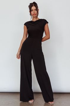 Shop the Lucinda Twist Back Jumpsuit Black | Selfie Leslie Black Tie Jumpsuit Classy, Black Jumpsuit Outfit Night Classy, Night Jumpsuit, Black Selfie, Selfie Leslie, Yellow Bridesmaid Dresses, Black Mules, Yellow Bridesmaids, Veil Hairstyles