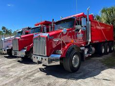 two large red trucks parked next to each other in a parking lot with palm trees