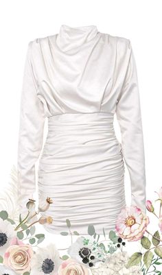 IVORY SATIN DRAPED MINI DRESSDescription:Elevate your style with this luxurious Ivory Satin Draped Mini Dress. Crafted from a fluid and lustrous satin fabric, this dress exudes elegance and sophistication. Its soft ivory tone adds a touch of romance to your look.The dress features long sleeves with elegant wrist vents, a high draped neckline, and a waist-nipping design that flatters your figure. The ruched mini skirt highlights your legs, making you feel confident and beautiful.This mini dress i Draped Mini Dress, Ruched Mini Skirt, Draped Neckline, Designer Drapes, Great Legs, Sparkly Dress, Plus Size Shopping, Stretch Satin, Plus Dresses