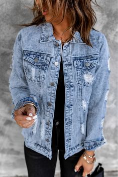 Sky Blue Distressed Buttons Washed Denim Jacket T Shirt And Pants, Distressed Jean Jacket, Distressed Jacket, Distressed Denim Jacket, Early Fall, Washed Denim, Formal Looks, Shirt And Pants, Jacket Sale