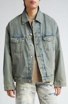 A faded wash and light distressing bring an instant lived-in look to this trucker jacket crafted in an oversized fit from nonstretch denim. 26" length (size XX-Small/X-Small) Front button closure Spread collar Button cuffs Chest button-flap patch pockets; front welt pockets Adjustable button side tabs 100% cotton Machine wash, tumble dry Made in Italy Designer Clothing Faded Relaxed Fit Denim Jacket For Spring, Spring Faded Relaxed Fit Denim Jacket, Relaxed Fit Faded Washed Outerwear, Acid Wash Relaxed Fit Denim Jacket, Relaxed Fit Medium Wash Denim Jacket, Stonewashed Relaxed Fit Denim Jacket For Spring, Spring Stonewashed Relaxed Fit Denim Jacket, Oversized Faded Washed Outerwear, Relaxed Fit Distressed Washed Blue Denim Jacket