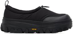 Low-top padded nylon taffeta slip-on sneakers in black. · Round leather cap toe · Cord-lock fastening at collar · Grosgrain pull-loop at heel tab · Logo printed at padded footbed · Textured platform rubber midsole · Treaded Vibram® rubber outsole · Platform: H2 in Supplier color: Black