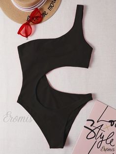 Eromis - Stylish Black One Shoulder One Piece Swimsuit with Asymmetrical Cut-Out Design and High Cut Leg, Perfect for Womens Swimwear and Clothing Black One-shoulder Cutout Swimwear, Black One-shoulder Bodysuit For Summer, Black Cutout One-piece For Summer, Black Cutout One-piece Swimsuit, Asymmetrical Cutout Party Swimwear, Asymmetrical Cutout Swimwear For Party, Black Asymmetrical Swimwear For Beach, Womens Bathing Suits, One Piece Suit