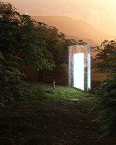 a person standing in the middle of a forest with an open door to another room