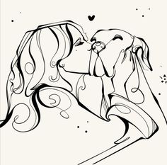 a black and white drawing of two people kissing in front of a sky with hearts