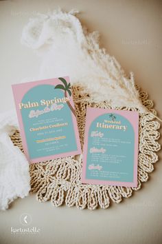 the wedding stationery was done in pastel pink and aqua blue, with palm leaves