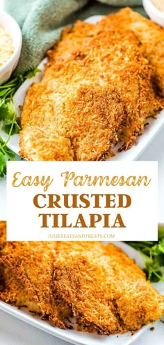 an easy parmesan crusted tila recipe on a white plate with lettuce