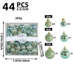 green and silver christmas ornaments in a box with measurements for each ornament size