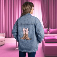 👢💋 Step into the wild, wild west of style with our Oversized Coquette Cowgirl Boots Denim Jacket - a sassy blend of denim charm, boyfriend-style allure, and the flirtatious touch of pink bows that will set your fashion game on fire! 🌸🌵 Unleash your inner coquette with this custom-designed DTG Denim Jacket, where every stitch tells a story of rustic elegance and playful sophistication. It's not just a jacket; it's a canvas for your personality, a fashion statement that speaks volumes without Cute Denim Jacket With Pockets For Winter, Spring Western Denim Outerwear, Cute Denim Jacket For Fall, Cute Winter Denim Jacket, Western Long Sleeve Denim Outerwear, Casual Spring Outerwear For Rodeo, Western Style Long Sleeve Denim Outerwear, Spring Rodeo Denim Jacket With Pockets, Spring Denim Jacket With Pockets For Rodeo