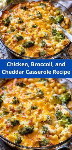 two pans filled with chicken, broccoli and cheddar casserole