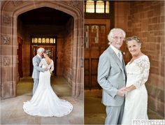 an older man and woman posing for pictures in front of a building with arched doorways