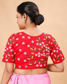 a ready-made, pure cotton, embroidered design blouse. These types of blouses are popular for their comfort and aesthetic appeal, especially in traditional and ethnic wear.  Blouse available in 32,34 waist size waist-32 =36 Bust waist-34=38 Bust Embroidered Cotton Short Sleeve Sets, Embroidered Cotton Sets With Short Sleeves, Embroidered Short Sleeve Traditional Wear For Festivals, Short Sleeve Embroidered Traditional Wear For Festivals, Red Chikankari Embroidery Blouse Piece, Traditional Floral Embroidered Shirt For Festive Occasions, Traditional Festive Shirt With Floral Embroidery, Festive Chanderi Top With Chikankari Embroidery, Festive Embroidered Traditional Wear With Short Sleeves