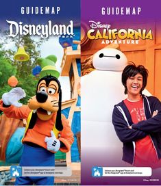 two movie covers for the disneyland california adventure and guidemap