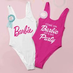 two pink and white swimsuits with the words barbie let's go party on them