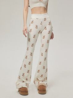 Trendy Bear Print Casual Pants With Subtle Flare Leg - chiclara White Comfortable Fitted Bottoms, White Fitted Comfortable Bottoms, Comfortable Fitted White Bottoms, Comfortable Fitted Beige Bottoms, Cream Stretch Long Pants, Comfortable White Stretch Bottoms, Fitted Comfortable Soft Bottoms, Comfortable Stretch White Bottoms, Comfortable White Trousers