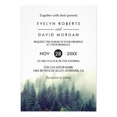 two wedding cards with trees in the background and foggy sky above them, on top of