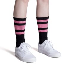 Pink and black socks rule. Can you pull these off in both crew and knee high styles? American made transcendent styles, infused with modern tech, take groovy to a whole new level. SOCCO has upgraded the classic three stripe athletic tube socks of the 1970’s and 80’s to super cushiony cotton, moisture wicking polyester and a built-in functional heel for all day comfort whether on the streets, field or court. Tech SpecsFull foot and leg cushioning Moisture wicking and breathable body Built-in func Trendy Black Cotton Knee-high Socks, Casual Black Knee-high Socks For Streetwear, Casual Black Knee-high Socks, Black Knee-high Socks For Streetwear, Casual Black Knee-high Sports Socks, Sporty Spring Streetwear Socks, Trendy Black Sports Socks, Casual Pink Knee-high Socks, Pink Casual Sports Socks