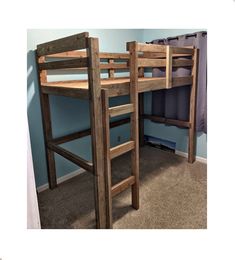 a wooden bunk bed sitting in a bedroom next to a blue wall and carpeted floor