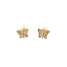 A pair of gold earrings. Each earring is in the shape of a butterfly with threaded posts. Measurements 3/16 inches long (10mm) 1/4 inches wide (8mm) Metal Content Guaranteed 14k yellow gold Weight: 1.4 grams Gold Butterfly Earrings For Formal Occasions, 14k Gold Butterfly Charm Earrings, 14k Gold Butterfly Earrings With Butterfly Charm, Elegant Butterfly Earrings For Everyday Wear, Elegant Butterfly Earrings For Everyday, 14k Gold Butterfly Earrings With Charm, Elegant Everyday Butterfly Earrings, Gold Earrings With Butterfly Charm For Everyday, Gold Earrings With Butterfly Charm For Formal Events