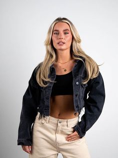 Crop distressed denim jacket, featured wide back lettering, front button down and front pockets. All jackets are handmade. cotton/rayon polyester Dark Wash Cotton Denim Jacket With Frayed Hem, Cotton Denim Jacket With Frayed Hem For Fall, Fall Cotton Denim Jacket With Frayed Hem, Edgy Denim Jacket With Frayed Hem For Streetwear, Grunge Cotton Outerwear With Frayed Hem, Fall Cotton Denim Jacket In Grunge Style, Fall Cotton Grunge Denim Jacket, Oversized Cotton Denim Jacket With Frayed Hem, Trendy Washed Black Cotton Denim Jacket