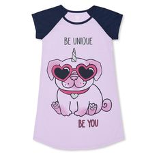 New! Short Sleeve Sleep Gown Uni-Pug (Unicorn Pug) With Glitter Horn And "Be Unique Be You" Print On The Front Light Purple Gown With Navy Blue Colorblock Sleeves Soft Jersey Material Made Of 100% Polyester Tagless For Extra Comfort Flame Resistant Size 10/12 Pink Unicorn Print Sleepwear For Bedtime, Playful Unicorn Print Sleepwear For Sleepover, Playful Unicorn Print Sleepwear, Pink Unicorn Print Sleepwear, Purple Short Sleeve Nightgown For Bedtime, Purple Short Sleeve Nightgown For Sleepover, Playful Purple Sleepwear For Pajama Party, Fun Short Sleeve Sleepwear For Sleepover, Cute Purple Cotton Sleepwear