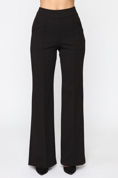 Posh High Waisted Dress Pants - Black Black Stretch Bottoms For Business Casual, Black Tailored Full-length Bottoms, Tailored Full Length Black Bottoms, Black Wide-leg Pants For Office, Tailored Black Full-length Bottoms, Tailored Wide Leg Black Pants, Black Full Length Wide Leg Pants For Office, Black Wide Leg Full Length Pants For Office, Fitted Full Length Dress Pants With Elastic Waistband