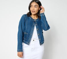 A fashion favorite, this stretch denim jacket ditches the collar for a more laid-back look. From Susan Graver. Fitted Denim Jacket For Day Out, Fitted Medium Wash Denim Jacket For Day Out, Fitted Dark Wash Denim Jacket For Day Out, Collarless Jacket, Tie Front Cardigan, Corduroy Blazer, Susan Graver, Basic Jackets, Athletic Apparel