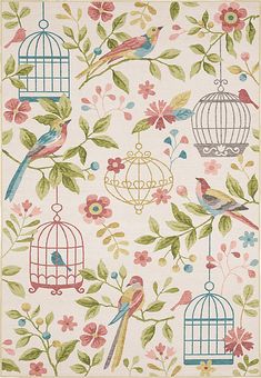 an area rug with birds, flowers and birdcages on it in pastel colors