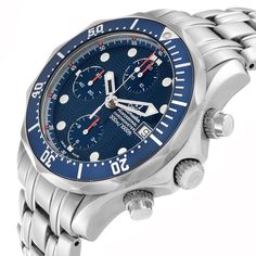 Omega Seamaster Blue Dial Chronograph Steel Mens Watch 2599.80.00 Card. Officially certified chronometer automatic self-winding movement. Chronograph function. Brushed and polished stainless steel case 41.5 mm in diameter. Helium escape valve at 10 o'clock. Omega logo on the crown. Blue unidirectional rotating bezel. Scratch resistant domed anti-reflective sapphire crystal. Blue wave decor dial with luminous skeleton hands and hour markers. Date window at 3 o'clock aperture. Three chronograph su Formal Blue Chronograph Watch With Metal Dial, Blue Chronograph Watch With Chronometer For Business, Formal Blue Chronograph Watch With Tachymeter, Omega Seamaster Chronograph, Wave Decor, Omega Logo, Omega Seamaster Diver 300m, Lost Time, Crystal Blue