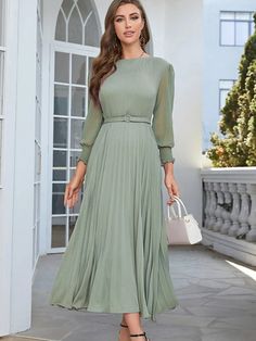 Women Vintage Long Dress Spring Autumn Patchwork Chiffon Long Sleeve Party Dresses Ladies Elegant Pleated A-line Chiffon Party Dress, Chic Chiffon Dress For Banquet, Long Sleeve Midi Dress For Summer Banquet, Summer Long Sleeve Midi Dress For Banquet, Chic Green A-line Chiffon Dress, Long Sleeve Solid Color Chiffon Dress, Pleated Long Sleeve Chiffon Party Dress, Pleated Long-sleeve Chiffon Party Dress, Long Sleeve Pleated Chiffon Party Dress