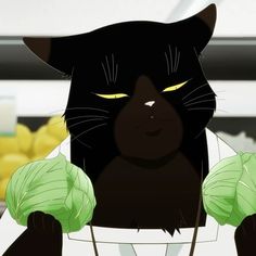 a black cat with yellow eyes and green gloves