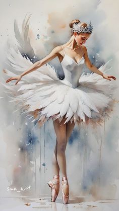 a painting of a ballerina in white dress with feathers on her head and arms