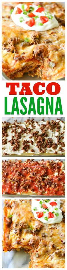 taco lasagna with cheese and meat on it, in three different stages