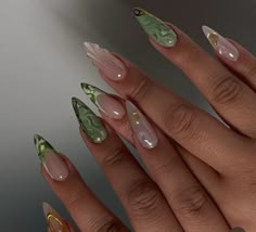 Almond Nails August 2024, Girly Green Aesthetic, Nail Art August, August Nails Ideas Square, Almond Acrylic Nails Green, Green Almond Nails Designs, Jade Nails Acrylic, Puerto Rico Nails, Green Fairy Nails