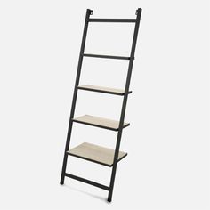 a black ladder shelf with three shelves on each side and two wooden shelves at the bottom