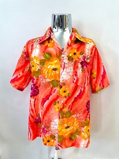 Vintage 60's Neon, Orange, Floral, Hawaiian Shirt (L) by Freshandswanky on Etsy Retro Multicolor Hawaiian Shirt For Spring, Retro Hawaiian Shirt For Spring, Retro Spring Hawaiian Shirt With Relaxed Fit, Orange Short Sleeve Hawaiian Shirt For Spring, Retro Hawaiian Shirt For Spring With Relaxed Fit, Retro Relaxed Fit Hawaiian Shirt For Spring, Fitted Hawaiian Shirt For Spring, Red Retro Print Shirt For Spring, Orange Hawaiian Shirt For Summer