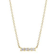 This beautiful necklace features four round diamonds  at approximately .15 carat weight  which come together in this fashionable bar design. Crafted of quality 14 karat yellow gold  the horizontal bar measures 3/8 of an inch long and hangs on an 18-inch chain  which can be adjusted down an additional two inches if desired. Everyday Yellow Gold Diamond Bar Necklace, Dainty Yellow Gold Diamond Bar Necklace, Diamond Bar Necklace, Platinum Jewelry, Diamond Bar, Filigree Design, Sapphire Jewelry, Beautiful Necklace, Bar Design